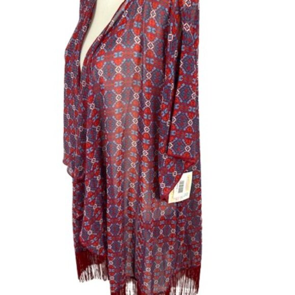 LuLaRoe Monroe Kimono Large Bohemian Chiffon Fringe Red White Blue New With Tags - Picture 4 of 5